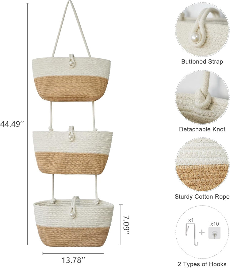 TeoKJ 3-Tier Hanging Baskets for Storage with Pearl Button Strap, Cotton Rope Over the Door Organizer, Wall-Mounted with Hook Decorative Hanging Kitchen Baskets, White & Jute