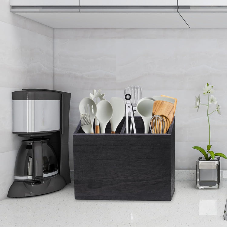 Wooden Kitchen Utensil Caddy With 2 Compartments, Rustic Utensil Holder for Kitchen Countertop, Wood Utensil Crock Organizer Box for Farmhouse Kitchen Decor (black)