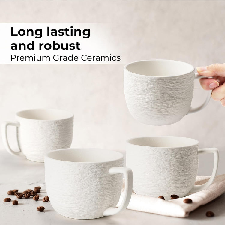 MIAMIO - Coffee Mug Set of 4 x 450 ml Cups/White Mugs Ceramic with Embossed Rock Texture for Coffee, Latte, Tea - Oasis Collection