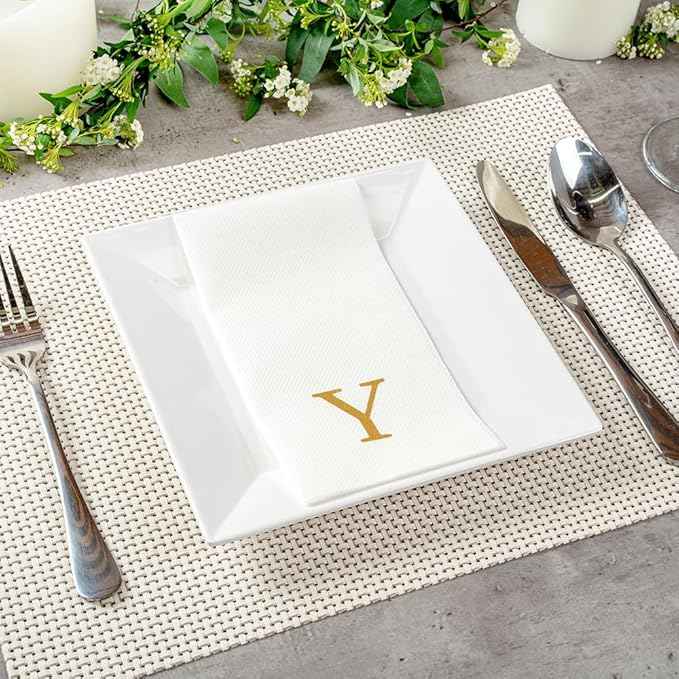 Luxenap 15.8 X 7.9 Inch Linen-Feel Guest Towels, 2000 Lettered Hand Towels - Gold Letter 'Y', Sans Serif Font, White Paper Dinner Napkins, airlaid, For Restrooms And Tables - Restaurantware