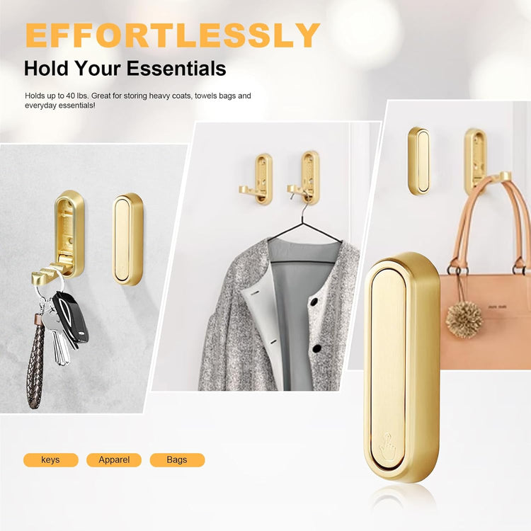 Heavy Duty Gold Folding Wall Hooks 2 Pack, Space Saving Foldable Coat Hooks for Bathroom, Closet, Entryway, Kitchen, Towel, Robe, Bag, Hat Hanging, Easy Mount, Zinc Alloy, Corrosion-Resistant 