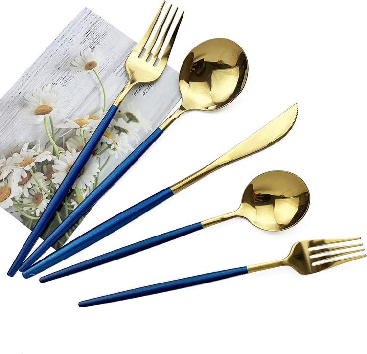 Blue Gold Silverware Set, JASHII 30-Piece Stainless Steel Satin Finish Flatware Set, Kitchen Utensil Set, Mirror Polished Tableware Cutlery Set for Home and Restaurant, Dishwasher Safe