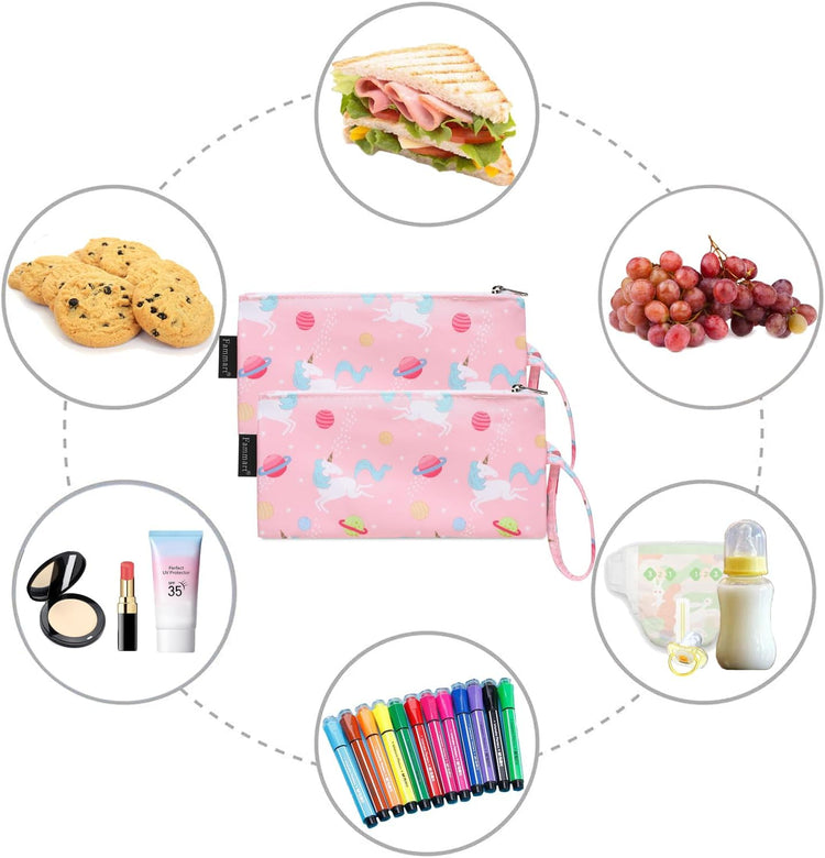 Reusable Sandwich Bag/Snack Bag for Kids & Adults, Dual Layer Lunch Bag with Handle, Washable, Food Safe, BPA Free (2-Pack, Planet Unicorn)