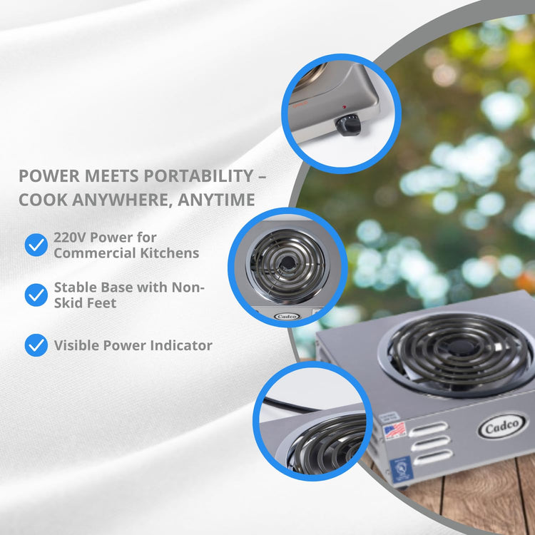 Cadco CSR-3T(220) 14" Electric Portable Countertop Hi-Power Hot Plate w/One Tubular Burner for Restaurant Hotel Food Truck Concession Kiosk, Stainless Steel, 220v