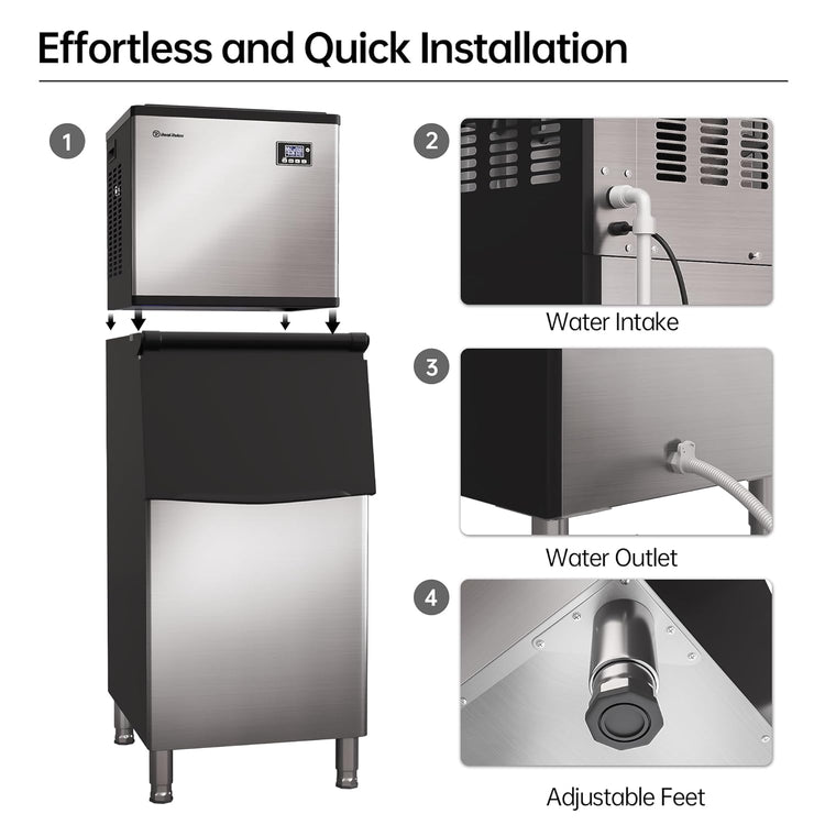 Commercial Ice Maker Machine, 360 lbs /24h, 200 lbs Ice Storage Bin, Stainless Steel, Self-Cleaning, LCD Display, Freestanding Ice Maker, Suitable for Home, Bar, Includes Connecting Hose, Silver