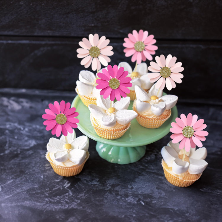 24Pcs Daisy Cupcake Toppers Flower Cake Topper Decorations Daisy Cake Decorations Chrysanthemum Cupcake Toppers Spring Daisy Flower Cake Picks for Birthday Wedding Supplies Rose Red Pink (24 Count)