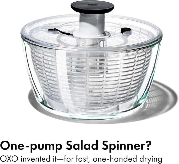 OXO Good Grips Glass Salad Spinner - Large 6.22-Qt Lettuce & Fruit Washer, Borosilicate Glass Bowl, BPA-Free, Easy Pump