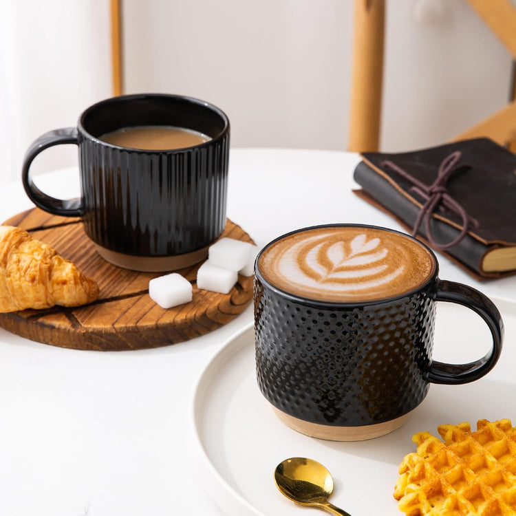 GBHOME 15OZ Stackable Coffee Mugs, Ceramic Coffee Mugs with Texture Patterns for Man,Woman,Dad,Mom, Modern Coffee Cups Set of 4 for Latte/Cappuccino/Cocoa. Dishwasher&Microwave Safe,Black