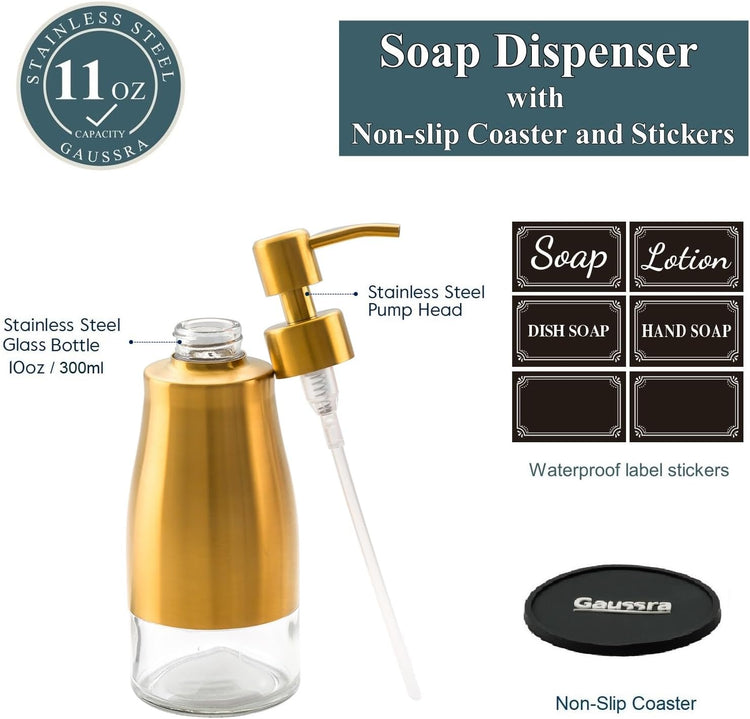 Soap Dispenser with Coaster and Stickers, Brushed Gold Stainless Steel Glass Hand Pump Dispenser, Anti Rust Bottle, for Kitchen & Bathroom Detergent Bottle,Refillable Hand Liquid Dispenser
