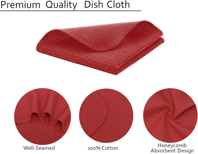 PurpleEssences Dish Cloths and Dish Rags - 6 Pack Waffle Weave Solid Kitchen Dish Wash Cloths, 100% Cotton, 12 x 12 Inches, Ultra Soft Absorbent Quick Drying - Red - Nestoria