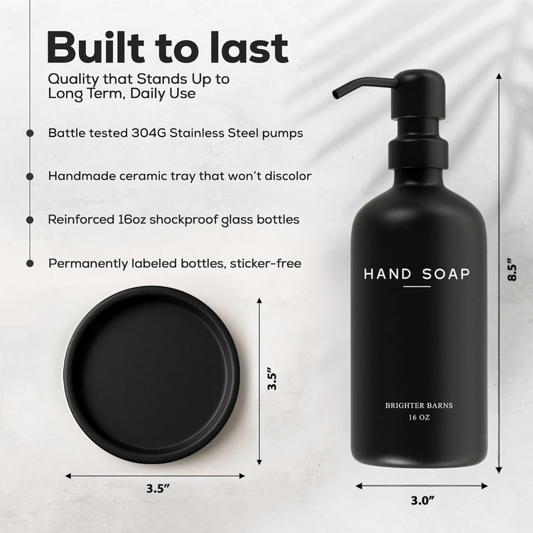 Black Glass Hand Soap Dispenser Bathroom Set by Brighter Barns - Bathroom Soap Dispenser Set with Tray and Stainless Steel Pump - Modern Decor for Kitchen, Hotel, Vacation Rental, Restaurants (Black)