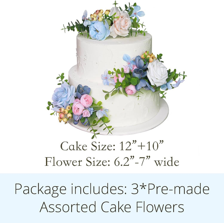 Rinlong 3Pcs Baby Blue Pink Cake Topper Pre-made Cake Decorations Pastel Blush Wedding Cake Decorating Flowers Cake Decor for Baptism Girl Women Birthday Party