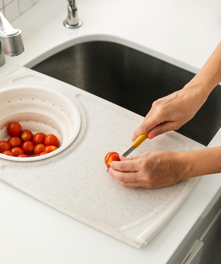 Dexas Over the Sink PolyFiber Flax Cutting Board with Collapsible Colander Strainer, 11.5 x 20", Smoke Blue