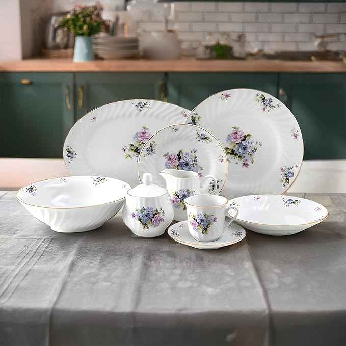 Lynns Paradise 45-Piece Serafina Dinnerware Set, 24K Gold Trim Embossed Swirl Floral Plates & Bowls Apartment Essentials Home Kitchen Dinner Accessories