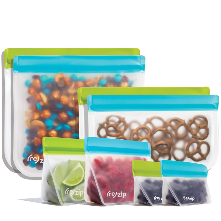 re) zip 8-Piece Deluxe Bundle Reusable Storage Bags | BPA-Free, Food Grade, Leakproof, Freezer and Dishwasher Safe (Green, Aqua)