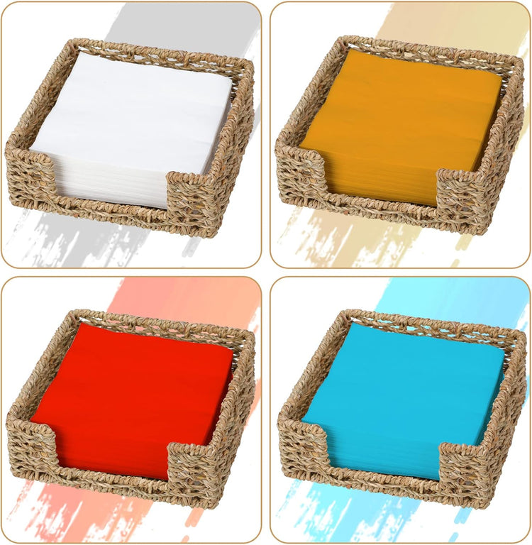 Ratten Napkin Holder for Table, Square Seagrass Serving Tray for Paper Napkins Kitchen Restaurant Dinner Wicker Baskets 7.8" x 7.8" x 2.8"
