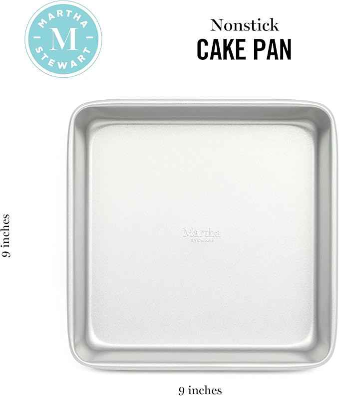 Martha Stewart Gallen 9 Inch Square Nonstick Carbon Steel Cake Pan - Silver Durable Bakeware for Cakes, Brownies & Desserts