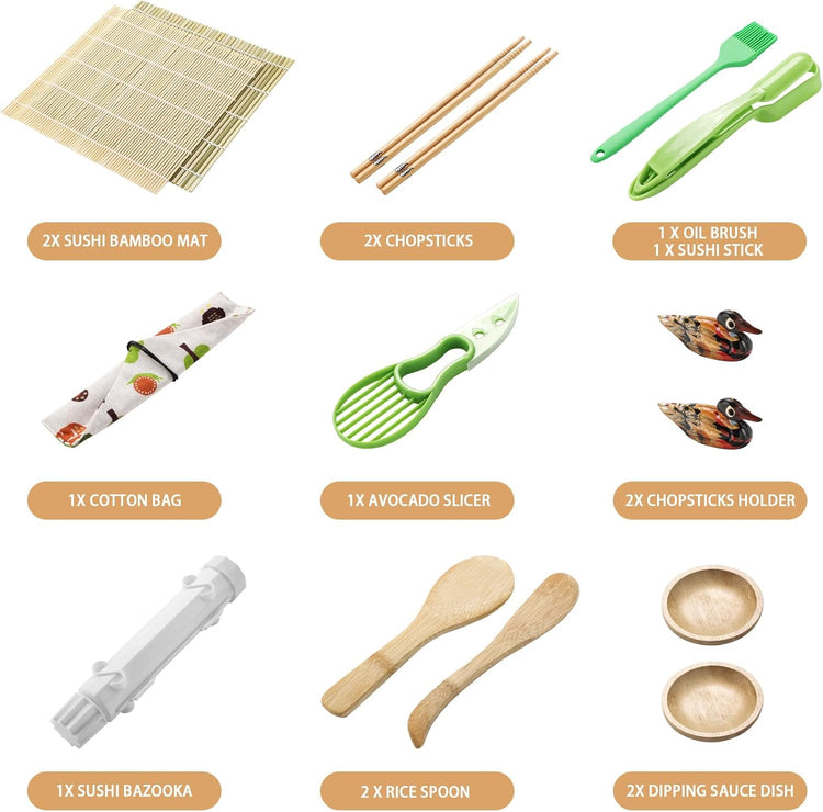 Sushi Making Kit, Sushi Maker for Beginners Sushi Roller Kit with Sushi Bazooka, Sushi Rolling Mat, Sauce Dishes (Style 1)