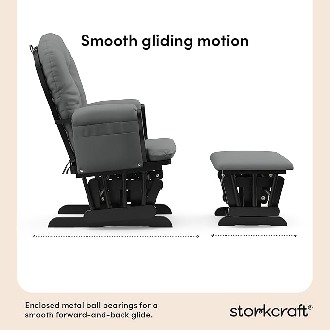 Storkcraft Premium Hoop Glider & Ottoman (Black with Gray) — GREENGUARD Gold Certified, Solid Wood Craftsmanship, Convenient Storage Pockets, Smooth-Gliding Chair for Nursery, Multi-Award-Winning