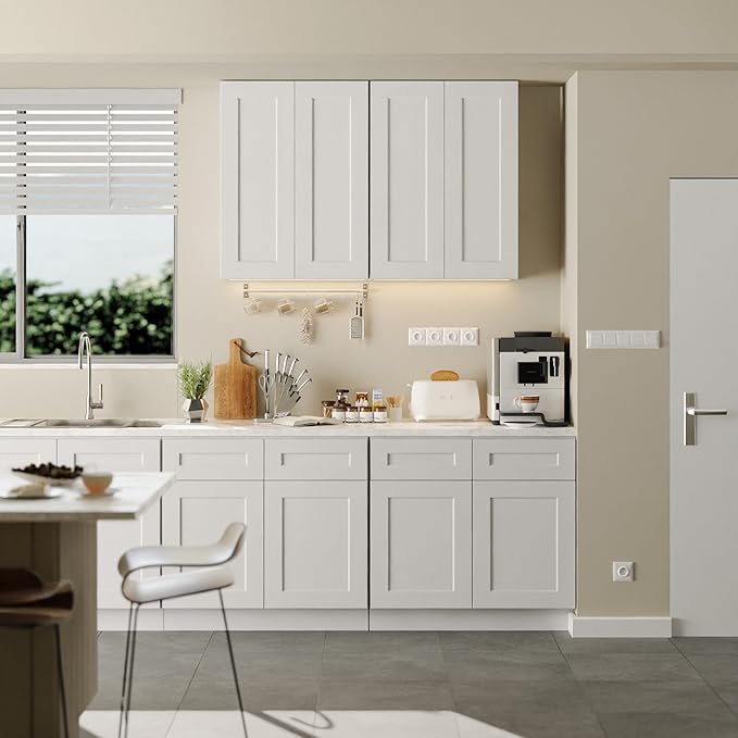 Solid Wood Laundry Room Wall Cabinets, 27 Inch Wide 12 Deep RTA Large Kitchen Storage Organizer Cabinet with 2 Shaker Doors & 2 Adjustable Shelves, Space-Saving for Bathroom, Garage - White