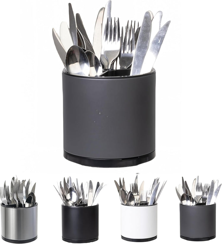 Kitchen Utensil Holder Silverware Organizer 360°Rotating For Counter Organizer Stainless Steel Storage Silverware Caddy 3 Compartment Flatware Spoon Spatula Tool Cutlery Container(Grey)