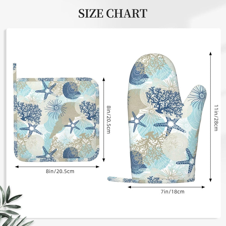 Nautical Coastal Oven Mitts and Pot Holders Set of 4 Silicone Starfish Seashell Coral Algae Beach Themed Blue Kitchen Mitten Gloves Potholders Set Oven Gloves Hot Holders for BBQ