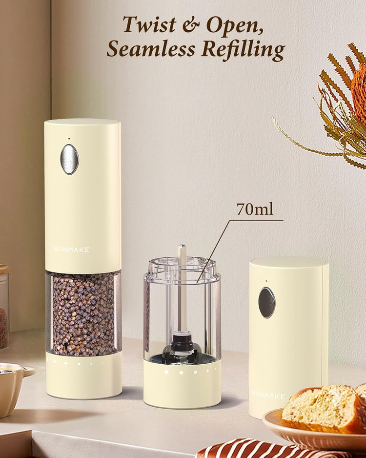 Electric Salt and Pepper Grinder Set - Automatic Refillable Salt and Pepper Grinders with Charging Base & LED Light, 6-Level Adjustable Coarseness with External Dial, Ideal Kitchen Gadget๏ผBeige