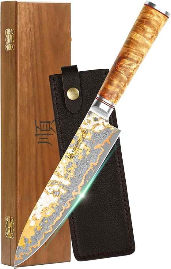 YOUSUNLONG Chef Knife - 8'' Blade Japanese Handmade Copper Damascus Steel - Professional Chef's Knife - Razor Sharp Slicing Knife - Naturel Burl Wooden Handle with Leather and Acacia Wood Box