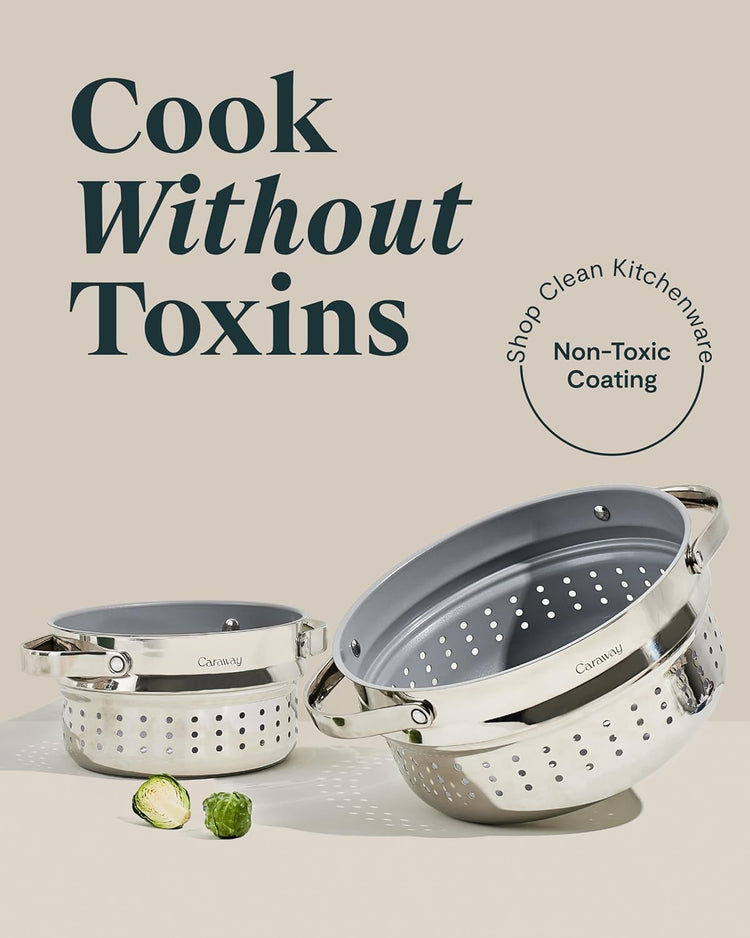 Caraway Steamer - Stainless Steel Steamer with Handles - Non Stick, Non Toxic Coating - Steam Veggies, Seafood, and More - Compatible With Our Dutch Oven or Sauce Pan - Small