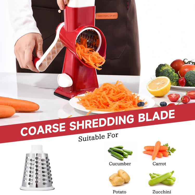 Rotary Cheese Grater with Handle Kitchen Shredder Slicer Grater Slicer Ice Shaver Cheese Vegetable Nuts Potato Zucchini Chocolate 3 Interchangeable Blades