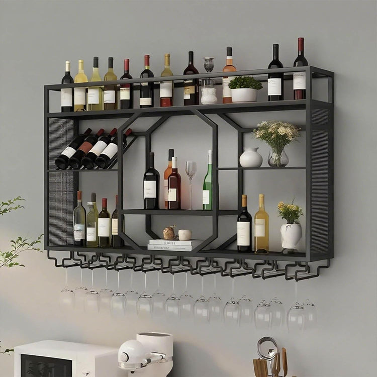 Wall Mounted Wine Rack, 3-Tiers Metal Bar Bottle Holder, Modern Wine Glass Storage Display Shelves, Wall Wine Rack for Kitchen Bar Dining Rooms Decoration (Black, 63in/160cm)