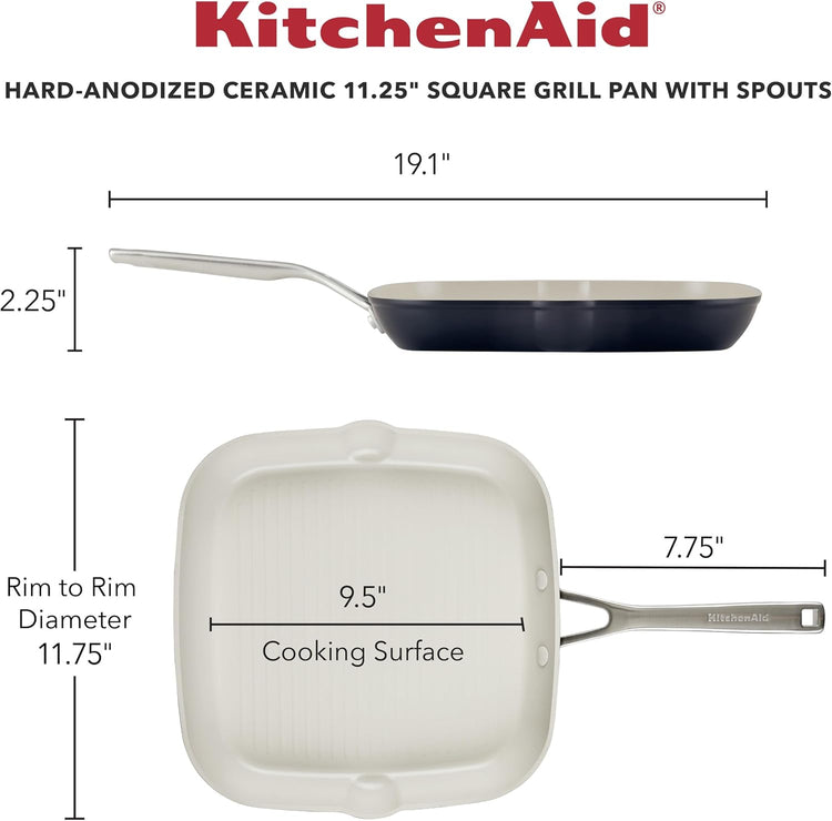 KitchenAid Hard Anodized Ceramic Nonstick Grill Pan/Griddle, Square, 11.25 Inch, Matte Black