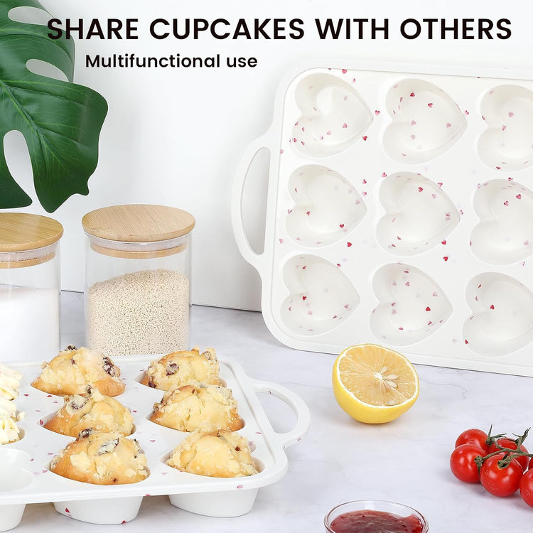 Vinino Silicone Heart Shaped Muffin Pan with Metal Reinforced Frame, 2 Pack Cupcake Pan, Silicone Heart Mold for Baking, Chocolate Bar and Egg Bites, Dishwasher Safe