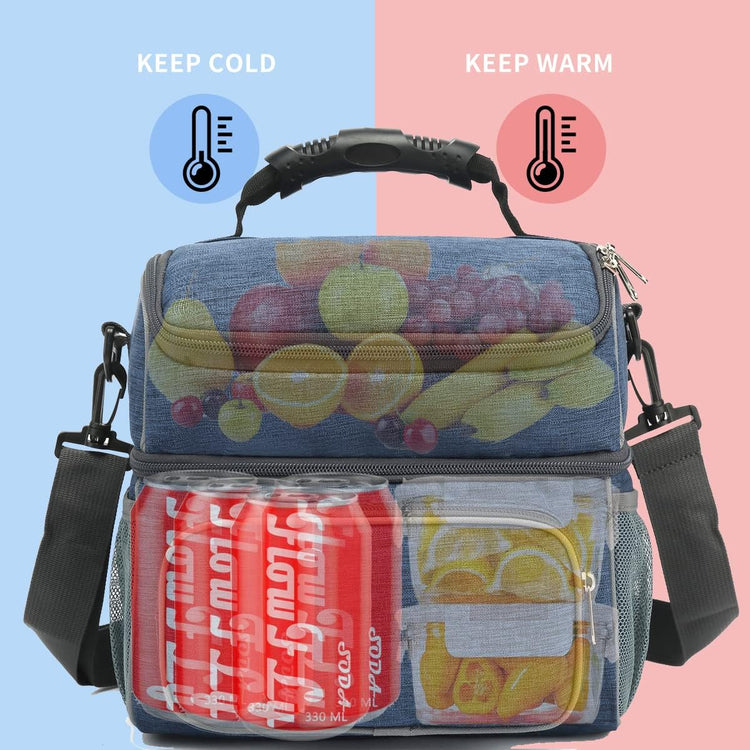 FlowFly Double Layer Cooler Insulated Lunch Bag Adult Lunch Box Large Tote Bag for Men, Women, With Adjustable Strap,Front Pocket and Dual Large Mesh Side Pockets