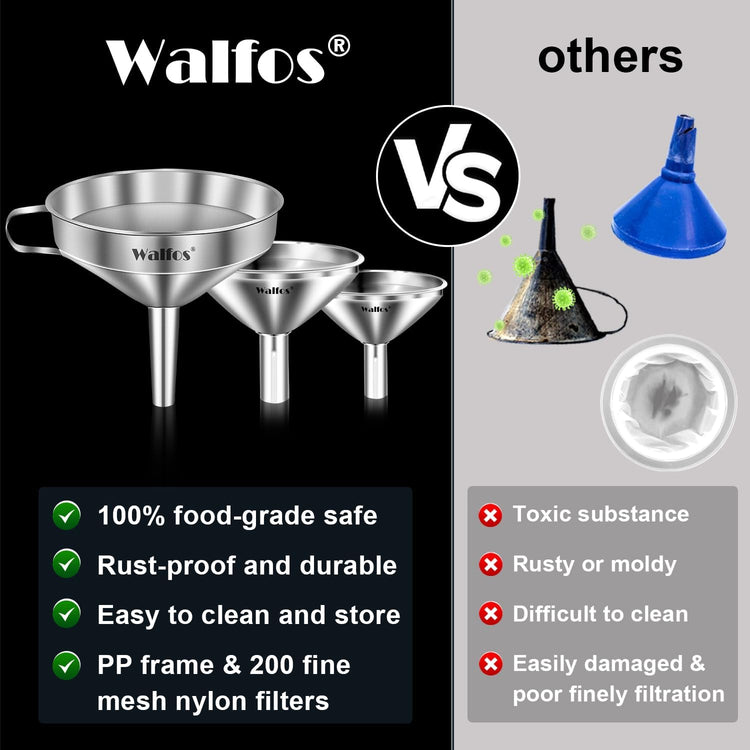 Stainless Steel Funnel, Walfos 4 Pack(4in、3 in、2.2 in、1.7in Kitchen Funnel with 2 Removable Strainer & 1Pcs Cleaning Brush, Perfect for Transferring of Liquid, Oils, Jam, Dry Ingredients & Powder