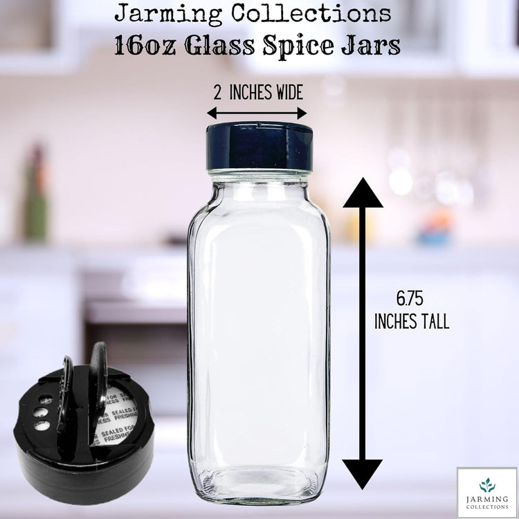 JARMING COLLECTIONS 16oz Glass French Square Spice Shakers with Lids – Large Seasoning Containers for Kitchen, Pantry, Herbs & Spices - Enhance Your Spice Storage – Made in USA