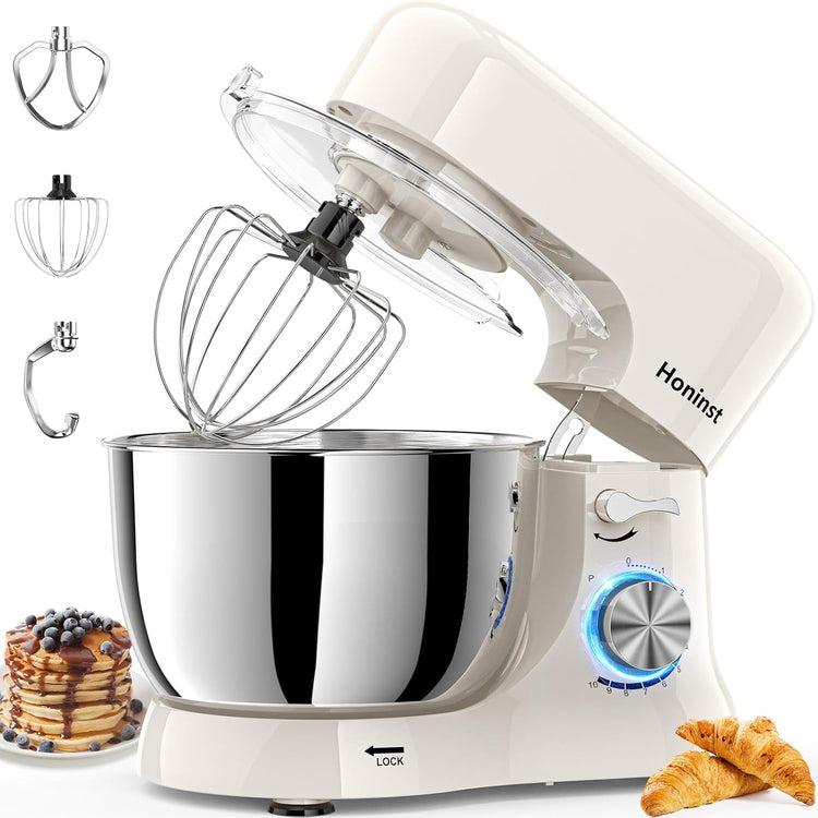 Stand Mixer,3-In-1 10-Speed 660W 5.5QT Tilt-Head Food Mixer, Electric Mixer with Bowl, Dough Hook, Whisk and Beater,Kitchen Mixer for Baking, Cake and Most Home Cooks, Beige
