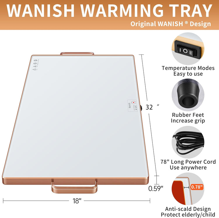 Electric Warming Tray (XXL 32”x18”),Food Warmers for Parties Buffet with Thermostat&Full Surface Heating,Tempered Glass Warming Mat for Food, Temperature Adjustable Gold Handles Food Warming Mat,White