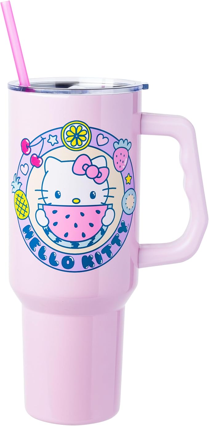 Silver Buffalo Sanrio Hello Kitty Summer Kawaii Fruits Double Walled Stainless Steel Tumbler with Handle, Fits in Standard Cup Holder, 40 Ounces