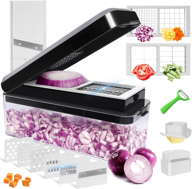 Vegetable Chopper, Onion Chopper Dicer, Mandoline Slicer, Food Chopper with Container, Vegetable Cutter for Salad Potato Carrot Garlic(10 Blades, Black White)