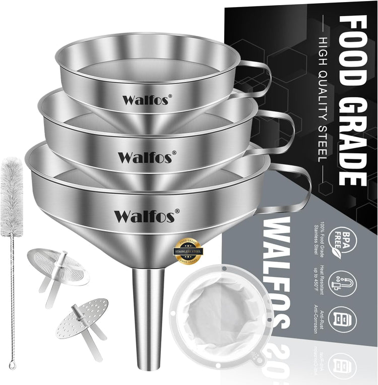 Walfos 3Pcs Kitchen Funnel with 2 Removable Strainer & 1 Cleaning Brush & 1Pc 200 Mesh Food Filter Strainer, Food Grade Stainless Steel Funnel for Transferring of Liquid, Oils, Jam, Dry Ingredients