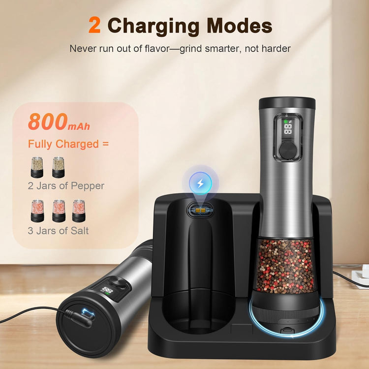 Electric Salt and Pepper Grinder Set, 2-Speed Setting, Stainless Steel Rechargeable Automatic Pepper Mill Shakers with USB Charging Base,100ml Large Capacity, External Adjustable Coarseness,LED Light