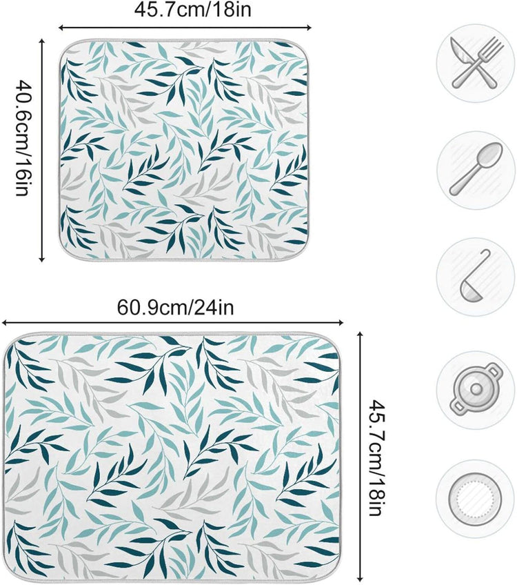 Blue Grey Olive Leaves Dish Drying Mat for Kitchen Counter Absorbent Microfiber Drying Pad, Large 18x24 in, Reversible Drainer Mats