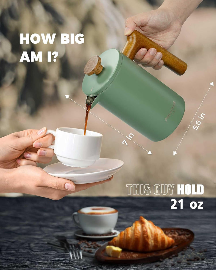POLIVIAR French Press Coffee Maker, 21 oz Coffee Press with Real Wood Handle, Double Wall Insulation & Dual-Filter Screen, Food Grade Stainless Steel for Good Coffe and Tea, JX2024-SFPN