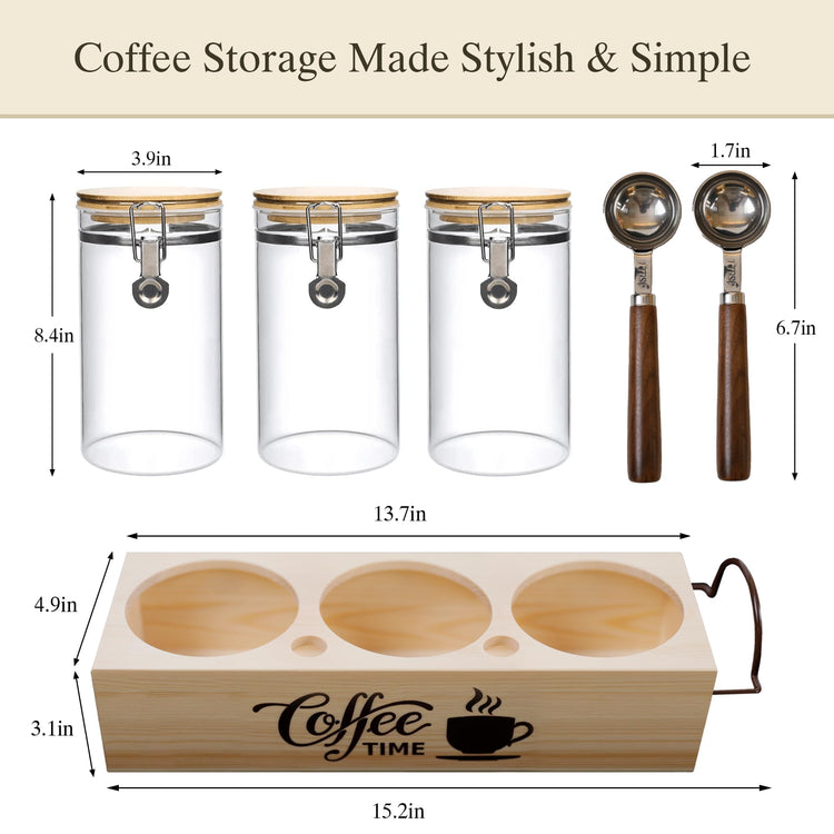 Glass Coffee Canister Set with Shelf & Spoons