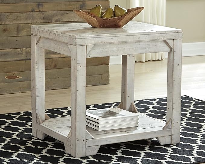 Signature Design by Ashley Fregine Farmhouse Rectangular End Table with Lower Open Shelf, Triangle Bracket Accents, Wood, 25.25" High, Weathered White