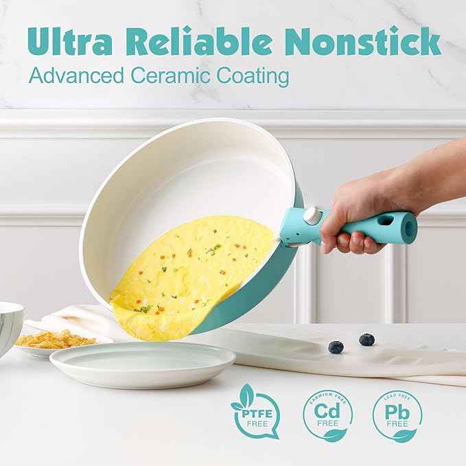 SENSARTE 24 Piece Ceramic Pots and Pans Set, Nonstick Detachable Handle Cookware, Induction Cookware Set with Removable Handle, Healthy Non Stick for RV, Dishwasher&Oven Safe, PFOA Free (Turquoise)