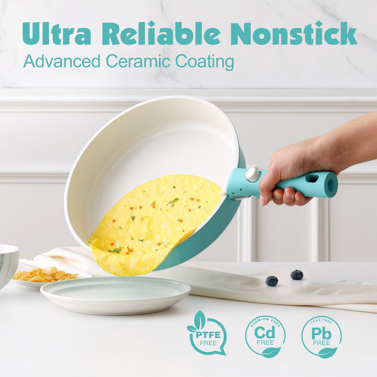 17 Piece Ceramic Detachable Handle Pots and Pans Set Turquoise