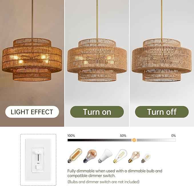 4-Light Boho Rattan Chandelier Light Fixture, 17.7” Hand Woven Rustic Chandeliers Farmhouse Chandelier Hanging Light for Dining Room Kitchen Island, Living Room, Foyer