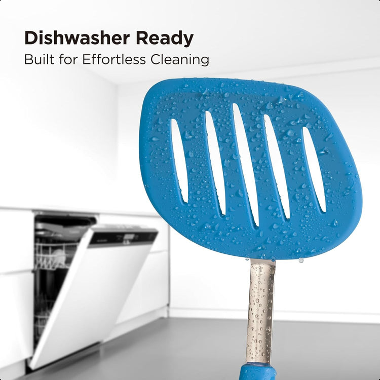 Kitchen Mama WaltzGrip Platinum Silicone Pancake Spatula Turner: Heat Resistant Flexible, Stainless Steel Core, Nonstick, Dishwasher Safe, Flipper – Ideal Kitchen Cookware for Eggs, Fish, Meat (Blue)